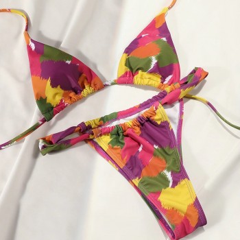 Floral Print Swimwear String Bikini Set Push Up Swimsuit 